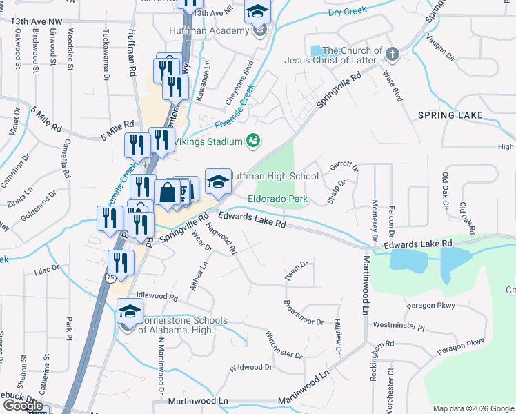 map of restaurants, bars, coffee shops, grocery stores, and more near 917 Eldorado Drive in Birmingham