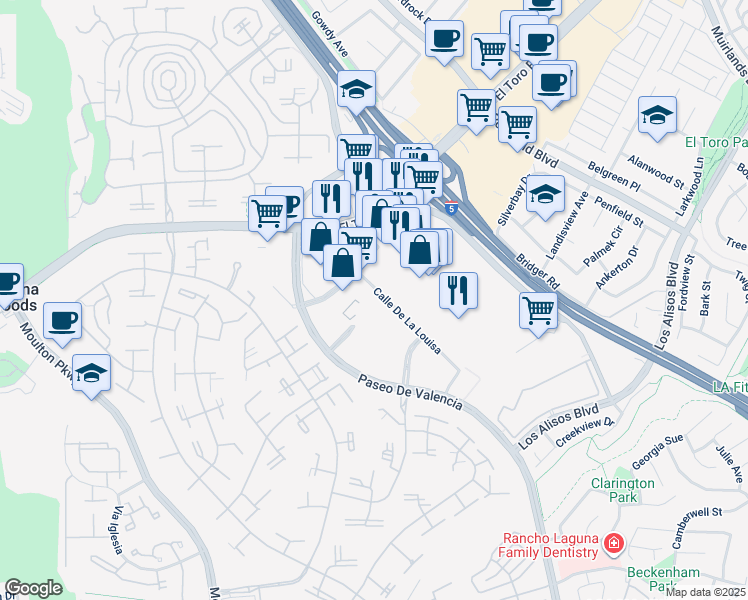 map of restaurants, bars, coffee shops, grocery stores, and more near 23961 Calle De La Magdalena in Laguna Hills