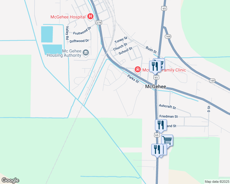 map of restaurants, bars, coffee shops, grocery stores, and more near 302 Ashley Street in McGehee
