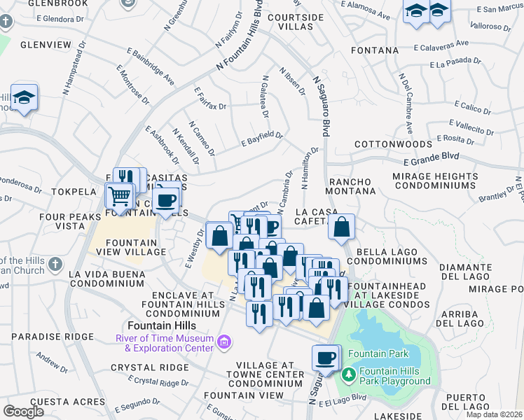 map of restaurants, bars, coffee shops, grocery stores, and more near 16714 East Almont Drive in Fountain Hills