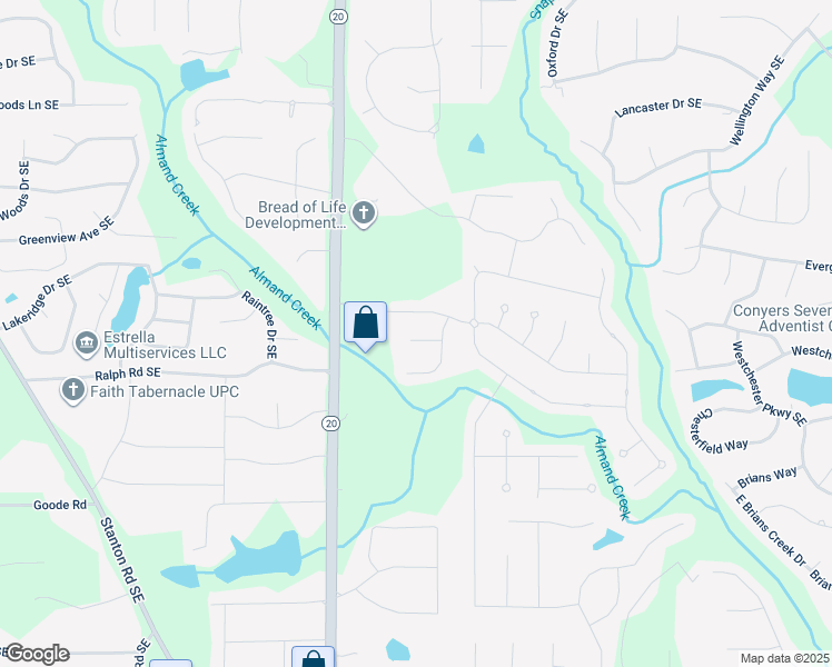 map of restaurants, bars, coffee shops, grocery stores, and more near 1409 Manston Court in Conyers