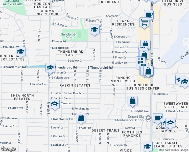 map of restaurants, bars, coffee shops, grocery stores, and more near 6711 East Sharon Drive in Scottsdale