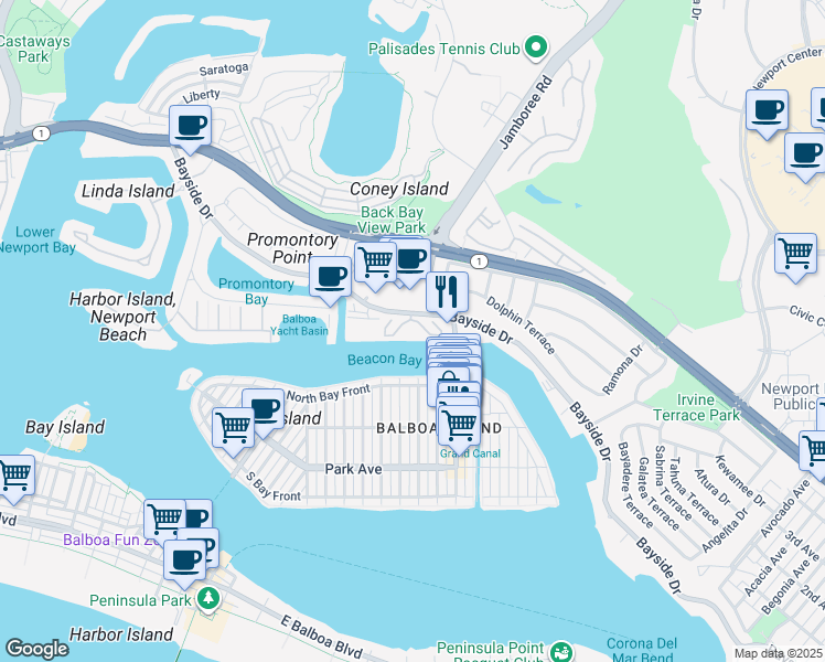 map of restaurants, bars, coffee shops, grocery stores, and more near 1034 Bayside Cove in Newport Beach