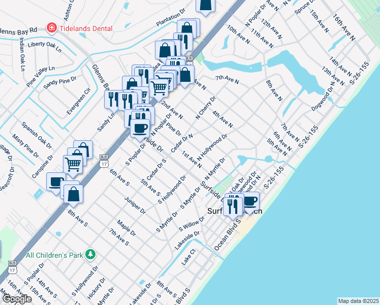 map of restaurants, bars, coffee shops, grocery stores, and more near 617 Pine Drive in Surfside Beach
