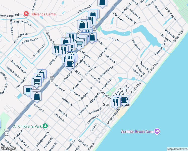 map of restaurants, bars, coffee shops, grocery stores, and more near 617 Pine Drive in Surfside Beach