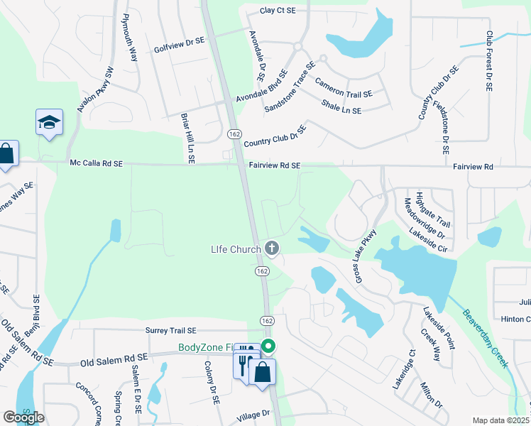 map of restaurants, bars, coffee shops, grocery stores, and more near Wyndham Place in Rockdale County