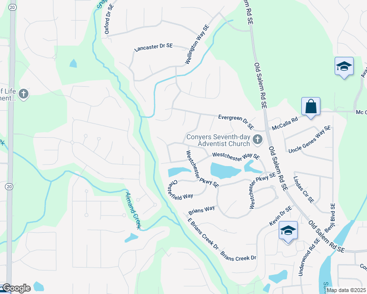 map of restaurants, bars, coffee shops, grocery stores, and more near 2118 Sableshire Way Southeast in Conyers