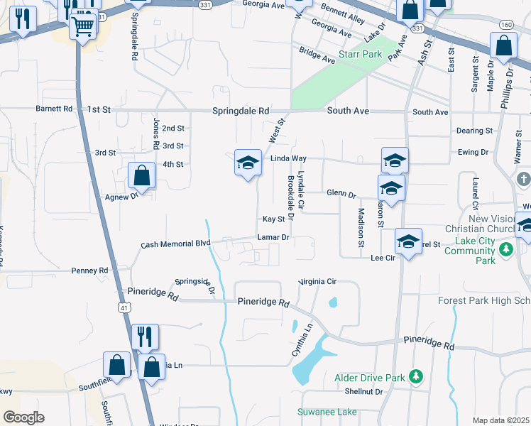 map of restaurants, bars, coffee shops, grocery stores, and more near 556 Kay Street in Forest Park