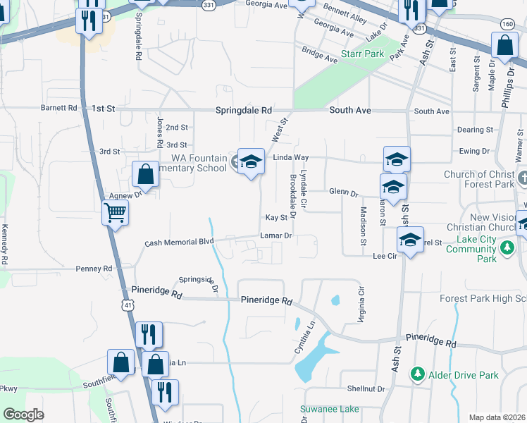 map of restaurants, bars, coffee shops, grocery stores, and more near 5271 Albert Drive in Forest Park