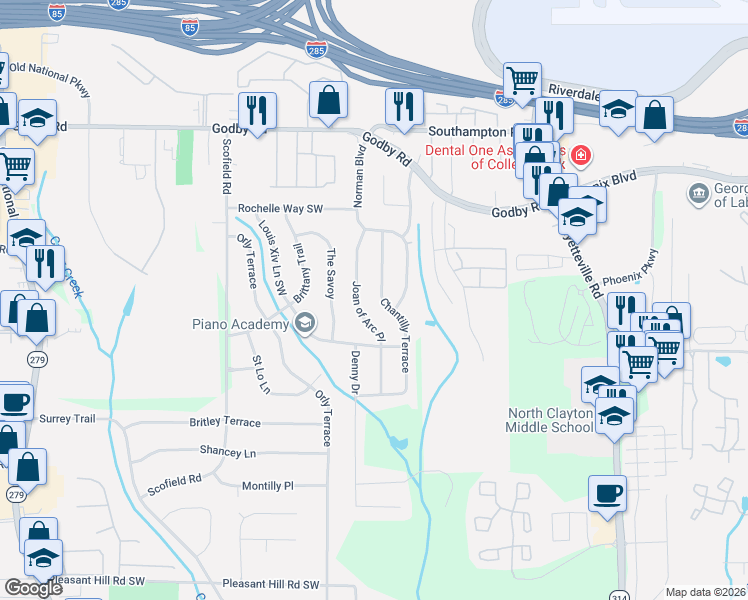map of restaurants, bars, coffee shops, grocery stores, and more near 5272 Joan of Arc Place in Atlanta