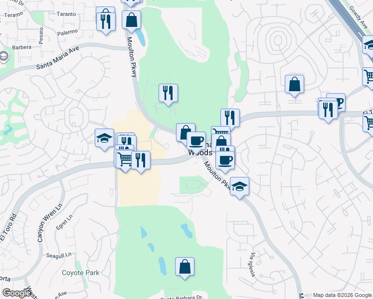 map of restaurants, bars, coffee shops, grocery stores, and more near 24181 Moulton Parkway in Laguna Woods