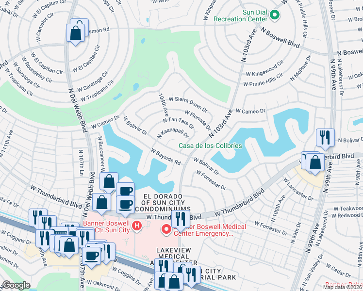 map of restaurants, bars, coffee shops, grocery stores, and more near 13808 North Tan Tara Drive in Sun City