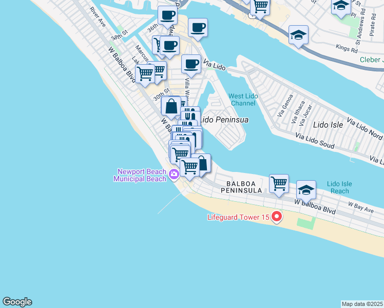 map of restaurants, bars, coffee shops, grocery stores, and more near 2210 Newport Boulevard in Newport Beach