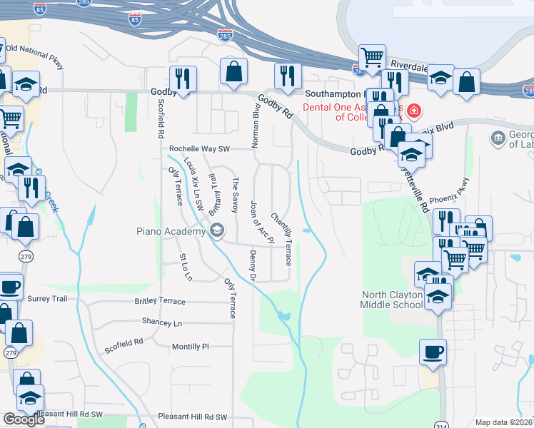 map of restaurants, bars, coffee shops, grocery stores, and more near 5272 Joan of Arc Place in Atlanta