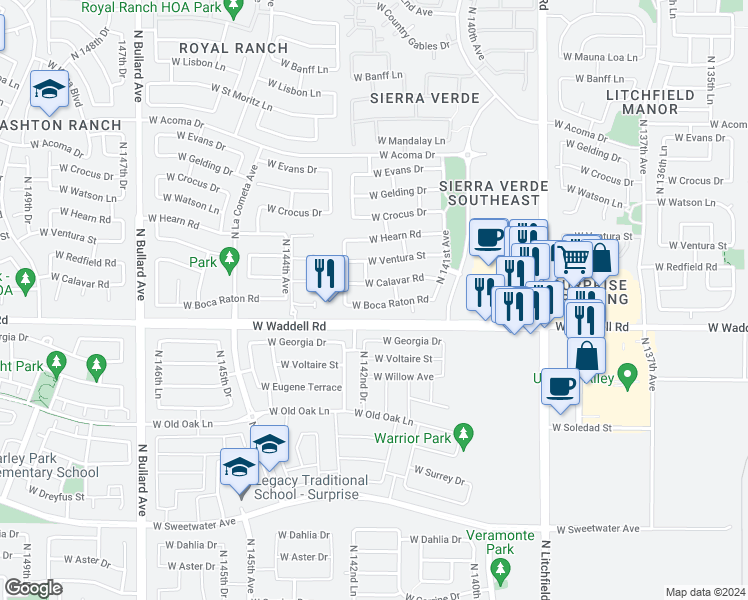 map of restaurants, bars, coffee shops, grocery stores, and more near 14234 West Boca Raton Road in Surprise