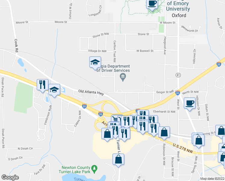map of restaurants, bars, coffee shops, grocery stores, and more near 8158 Geiger Street Northwest in Covington
