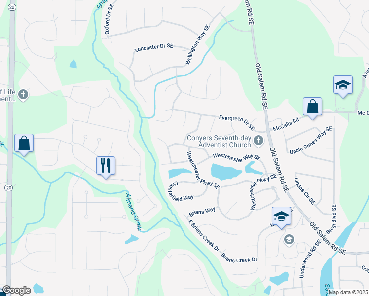 map of restaurants, bars, coffee shops, grocery stores, and more near 2118 Sableshire Way Southeast in Conyers