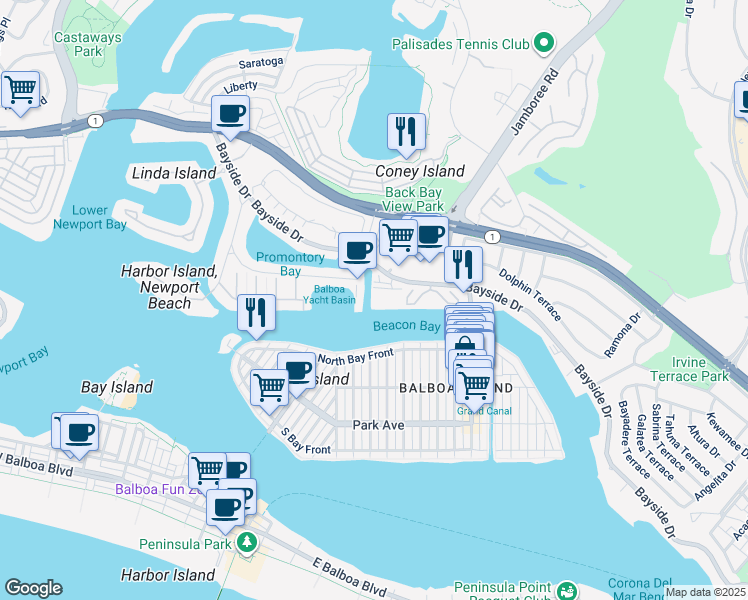 map of restaurants, bars, coffee shops, grocery stores, and more near 919 Bayside Drive in Newport Beach