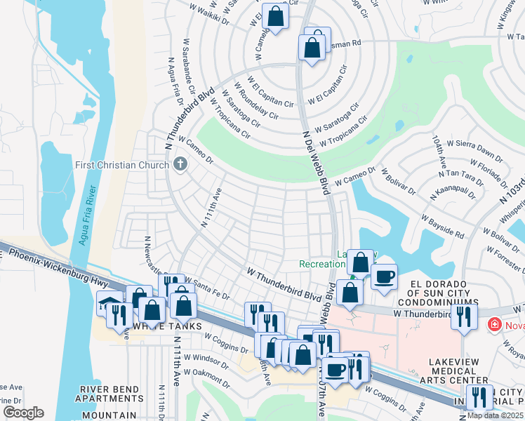 map of restaurants, bars, coffee shops, grocery stores, and more near 10880 West Emerald Drive in Sun City