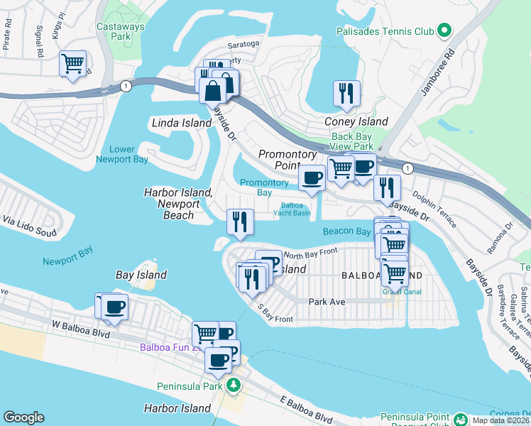 map of restaurants, bars, coffee shops, grocery stores, and more near 66 Beacon Bay in Newport Beach
