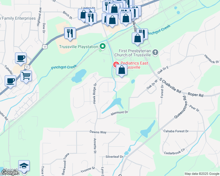 map of restaurants, bars, coffee shops, grocery stores, and more near 541 Simmons Drive in Trussville