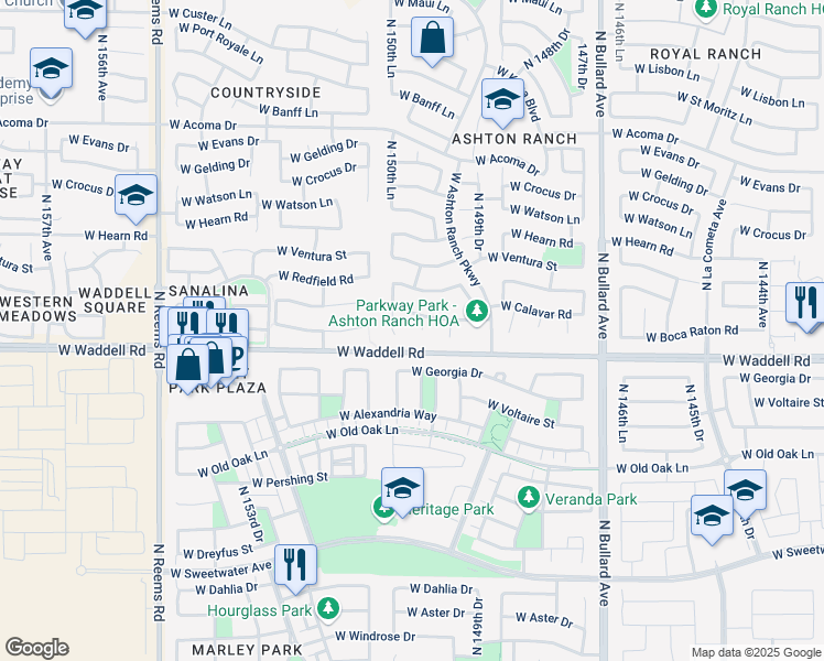 map of restaurants, bars, coffee shops, grocery stores, and more near 15037 West Calavar Road in Surprise