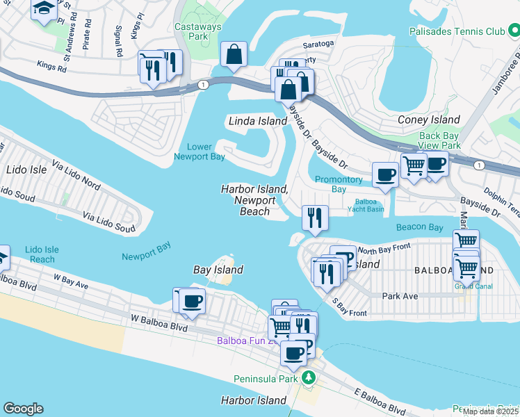 map of restaurants, bars, coffee shops, grocery stores, and more near 29 Harbor Island in Newport Beach