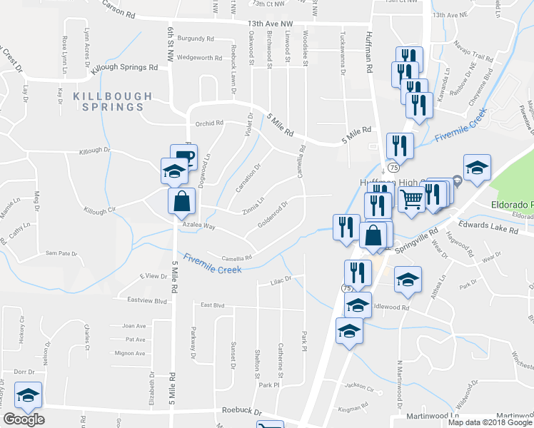 map of restaurants, bars, coffee shops, grocery stores, and more near 528 Goldenrod Drive in Birmingham