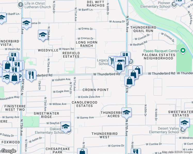 map of restaurants, bars, coffee shops, grocery stores, and more near 6930 West Voltaire Avenue in Peoria