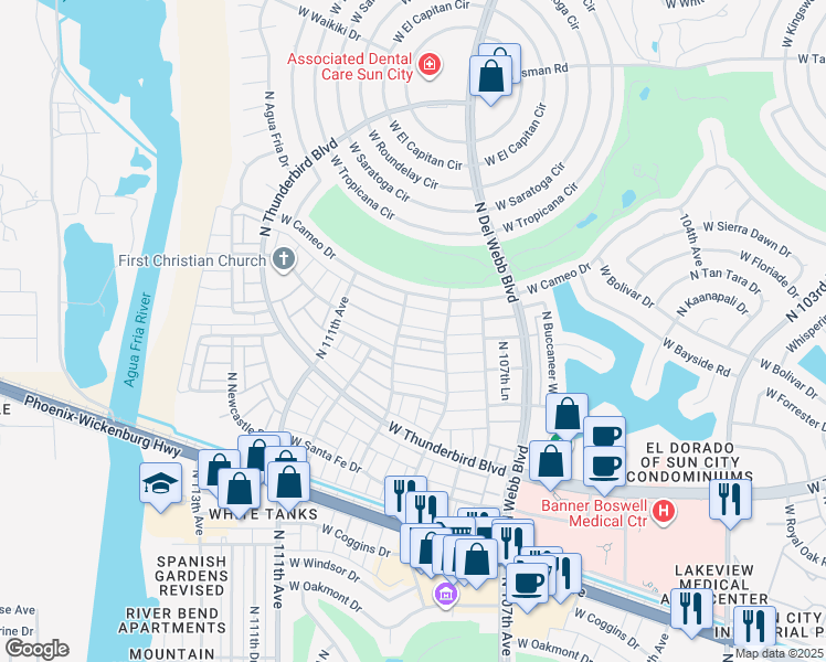 map of restaurants, bars, coffee shops, grocery stores, and more near 13860 North 108th Drive in Sun City