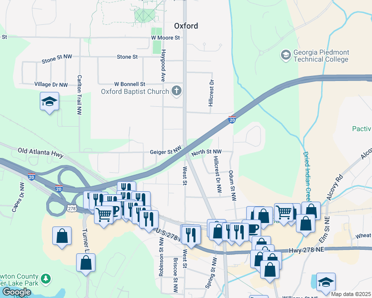 map of restaurants, bars, coffee shops, grocery stores, and more near Highway 81 in Covington