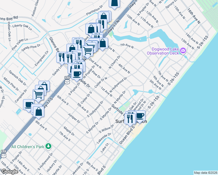 map of restaurants, bars, coffee shops, grocery stores, and more near 617 Pine Drive in Surfside Beach