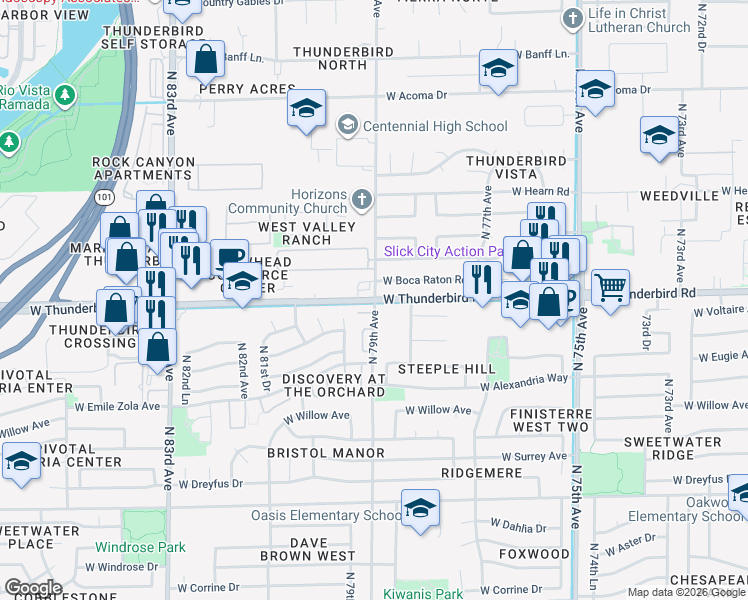 map of restaurants, bars, coffee shops, grocery stores, and more near W Thunderbird Rd & N 79th Ave in Peoria