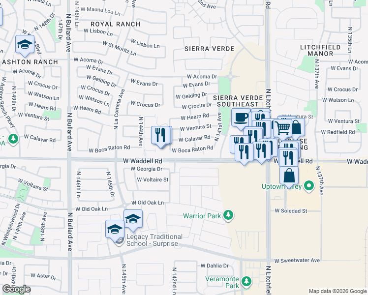 map of restaurants, bars, coffee shops, grocery stores, and more near 14234 West Boca Raton Road in Surprise