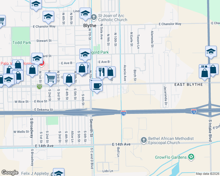map of restaurants, bars, coffee shops, grocery stores, and more near 982 East Hobsonway in Blythe