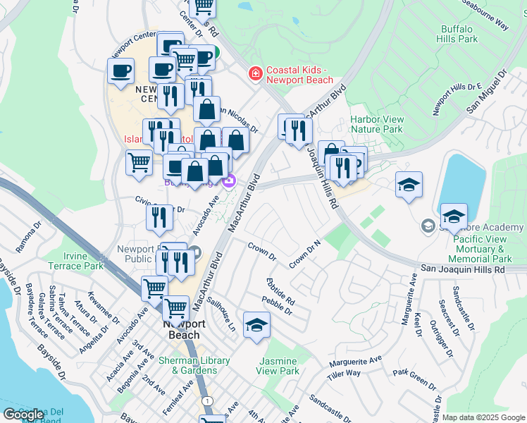 map of restaurants, bars, coffee shops, grocery stores, and more near 2512 Wavecrest Drive in Newport Beach