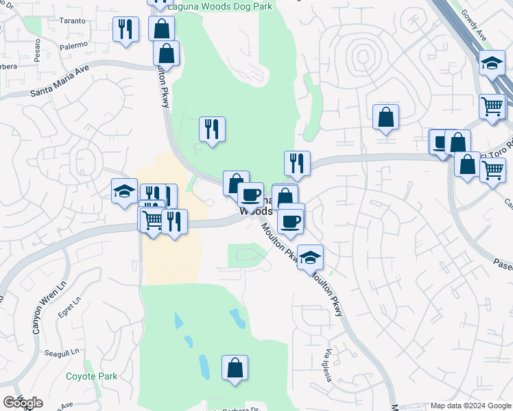 map of restaurants, bars, coffee shops, grocery stores, and more near in Laguna Woods