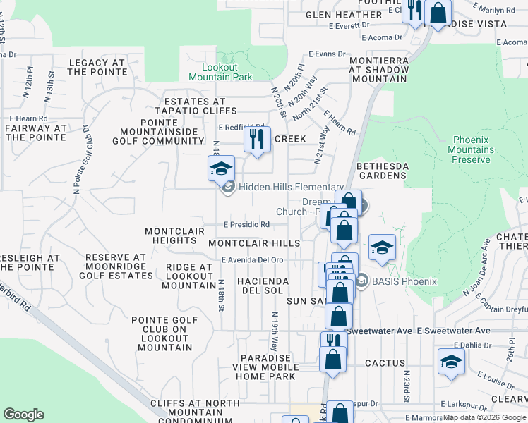 map of restaurants, bars, coffee shops, grocery stores, and more near 13620 North 19th Place in Phoenix
