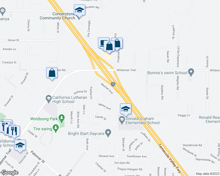 map of restaurants, bars, coffee shops, grocery stores, and more near 35152 Momat Avenue in Wildomar