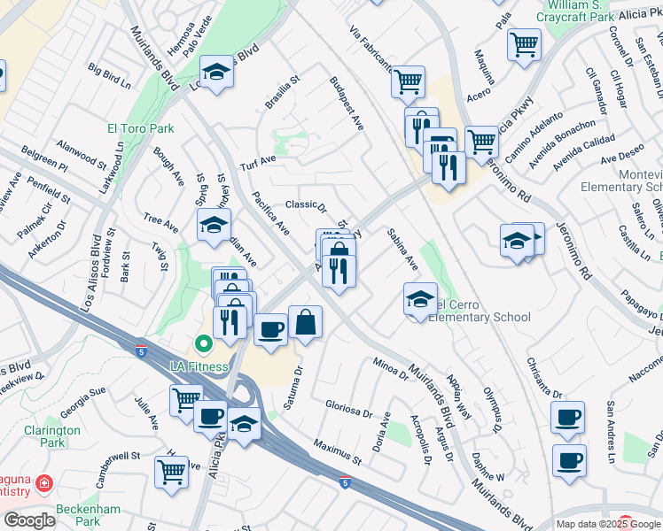 map of restaurants, bars, coffee shops, grocery stores, and more near 24188 Alicia Parkway in Mission Viejo