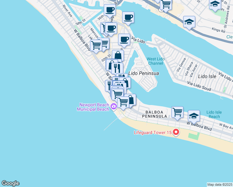 map of restaurants, bars, coffee shops, grocery stores, and more near 111 24th Street in Newport Beach