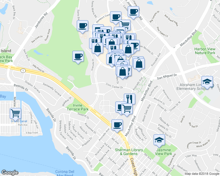 map of restaurants, bars, coffee shops, grocery stores, and more near 15 Corporate Plaza Drive in Newport Beach