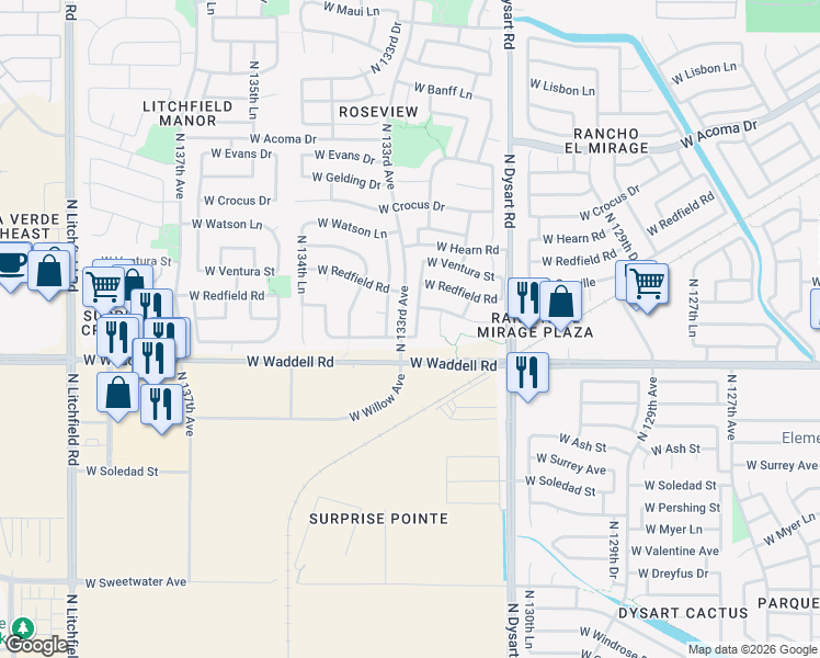 map of restaurants, bars, coffee shops, grocery stores, and more near 13951 North 132nd Lane in Surprise