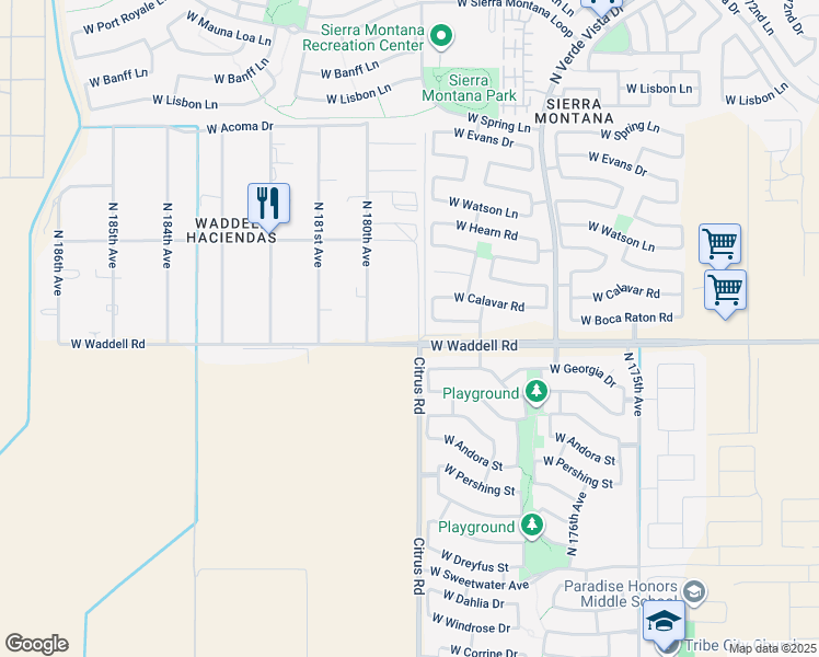 map of restaurants, bars, coffee shops, grocery stores, and more near 17918 West Waddell Road in Surprise