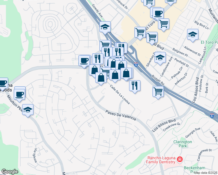 map of restaurants, bars, coffee shops, grocery stores, and more near 23961 Calle De La Magdalena in Laguna Hills
