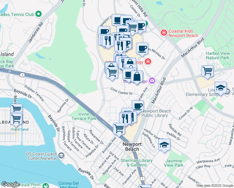 map of restaurants, bars, coffee shops, grocery stores, and more near 15 Corporate Plaza Drive in Newport Beach