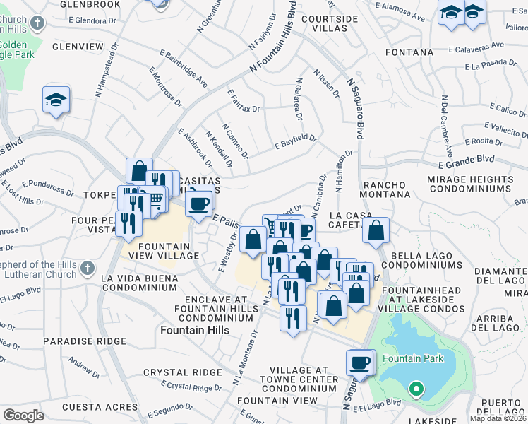 map of restaurants, bars, coffee shops, grocery stores, and more near 16651 East Westby Drive in Fountain Hills