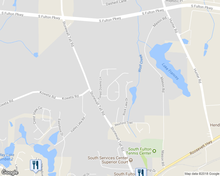 map of restaurants, bars, coffee shops, grocery stores, and more near 5445 Forest Downs Circle in Atlanta
