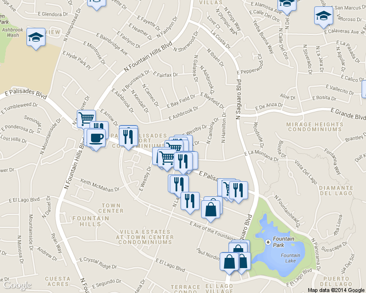 map of restaurants, bars, coffee shops, grocery stores, and more near 16714 East Almont Drive in Fountain Hills