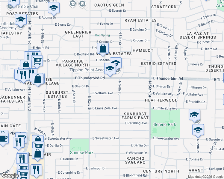 map of restaurants, bars, coffee shops, grocery stores, and more near 5326 East Voltaire Avenue in Scottsdale